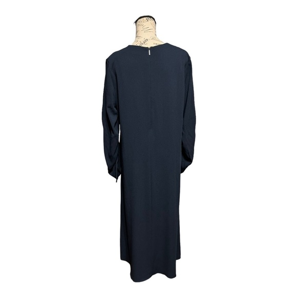 Tibi Ruched Convertible Bell Sleeve Cinched Stretch Crepe Midi Dress Navy Blue 8 - Picture 7 of 11